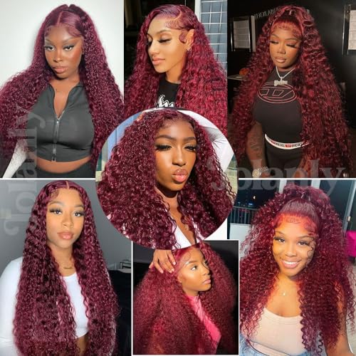 28 Inch Deep Wave Curly 99J Burgundy Lace Front Wigs Human Hair Red Colored Human Hair Wig For Black Women13x4 Curly Transparent Lace Front Wig Pre Plucked