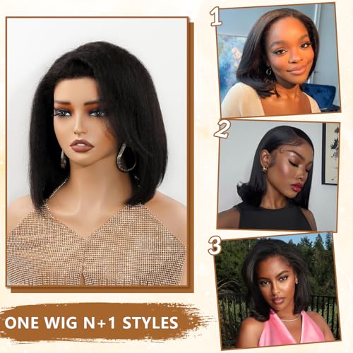 4C Edges Baby Hair Yaki Bob Wig Human Hair Glueless Side Part Short Kinky Straight Human Hair Wig Thick End UHD 13x4 Lace Front Wig Pre-Bleached Natural Color Brazilian Virgin Hair 12"