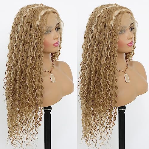 Highlight Blonde Deep Curly 13x4 Lace Front Wig for Women Glueless Long Curly Honey Blonde Mixed 613 Bleach Blonde Lace Front Wig with Baby Hair Pre Plucked 150 Density 24 Inches