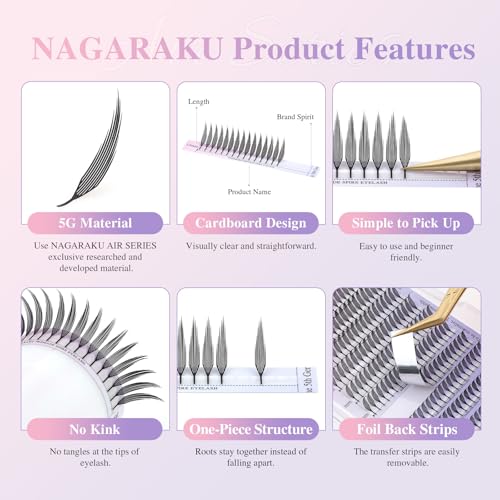 NAGARAKU Premade Spire Eyelash Extensions Air Series Feather Shape Manga Anime Individual Lashes Volume Soft Black Flat Root Spikes Fans Eyelashes DIY Clusters Lash Salon -0.07 C Curl 8-15mm Mix