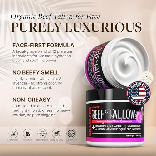 Beef Tallow for Face Organic Moisturizer - Grass-Fed Whipped Balm with Honey, Shea Butter, Castor & Calendula - Non-Greasy Hydration - Made in USA