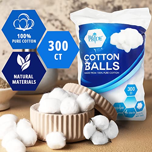 MED PRIDE Medical Cotton Balls, 100% Pure Cotton, Ultra Soft, 300 Count, for Ears, Face, Makeup Removal, Nail Polish, Lotions, Absorbent Multipurpose Use