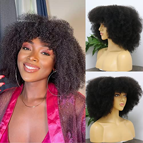 Short Bob Wig With Bangs Glueless Afro Kinky Mongolian Hair For Black Women Frizzy African Hair Remy Human Hair Wigs Full Machine Made Scalp Wig Fringe Unit Hair Replacement Unit 14 Inch