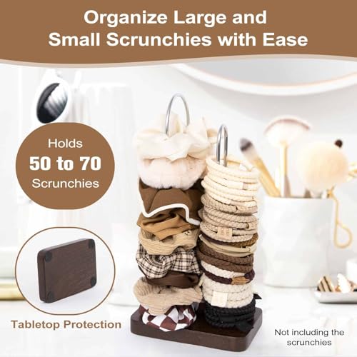 Scrunchine Holder Stand, 2 Tier Hair Tie Tower Hold 50~70 Scrunchies,Claw Clip Holder, Modern Fashion Hair Ties Organizer Storage for Girls, Women, Display(Walnut Color)