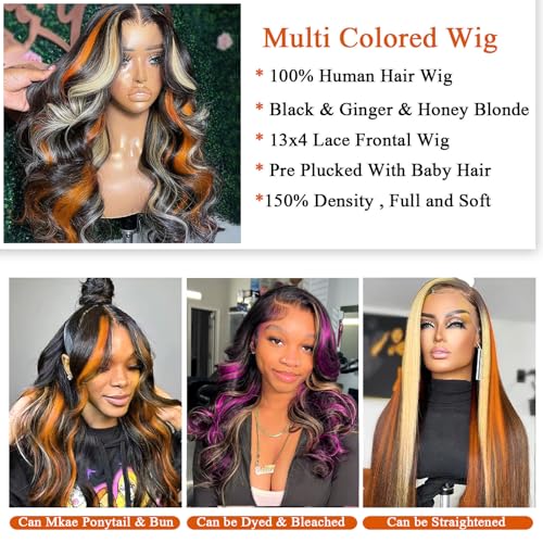 Ginger Blonde Highlight Wig Human Hair Multi Colored Ombre Lace Front Wigs Orange and Honey Blonde Skunk Stripe Human Hair Wig Body Wave Hd Lace Frontal Wig 13x4 Pre Plucked 180% Density 24 In