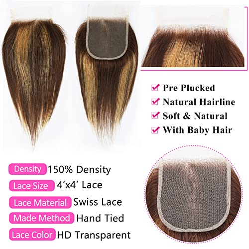 FQ 4/27 Highlight Bundles and Closure Straight P4/27 Human Hair Bundle with Closure(10 10 10+10) Brazilian Ombre Honey Blond Colored Short Bob 50g 3 Bundles with 4x4 Lace Closure