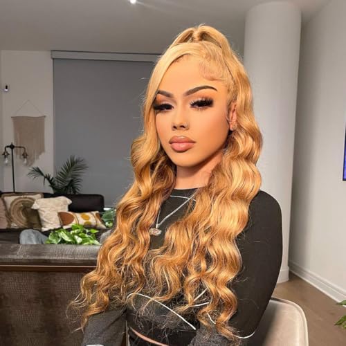 ALHER Honey Blonde Lace Frontal Wig Human Hair 24 Inch Body Wave, 180% Density Blonde #27 Colored 13x4 HD Lace Front Wig Pre Plucked With Baby Hair Ear to Ear, 12A 100% Virgin Remy Hair for Women