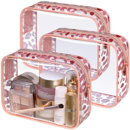 PACKISM TSA Approved Toiletry Bag - Rose Gold Leopard Print Clear Makeup Bag, Suitable for Gifts, with Supporting Frame, Perfect for Travel Essentials, Thick No Smell
