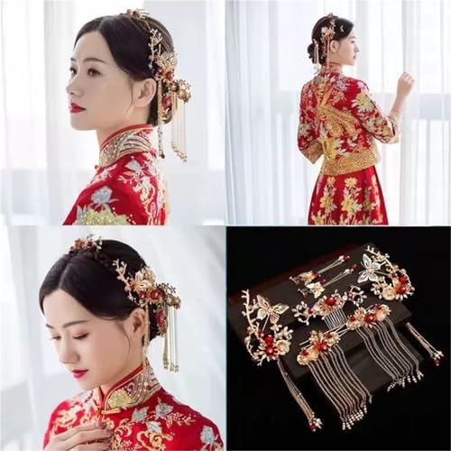 Women Gold Butterfly Hair Comb Traditional Chinese Wedding Headdress Accessories Red Pearl Stick Head Jewelry Bridal Headpiece