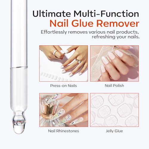 modelones 30ml Nail Glue Remover for Press On Nails, Upgrade Clear Stick On Nails Remover for Acrylic Tips, Nail Polish Remover with Wood Stick