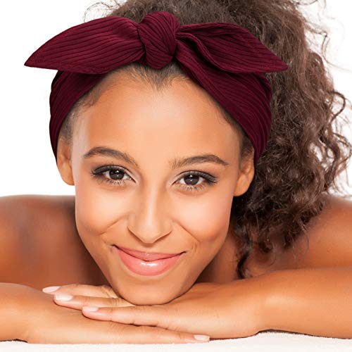 Syhood 4 Pieces Ribbed Headband Ribbed Stretch Bandie Stretchy Hairband Soft Head Wrap Turban Headband Boho Hair Band for Women Hair Accessories, 4 Colors(Black, Red, Sapphire Blue, Brown)