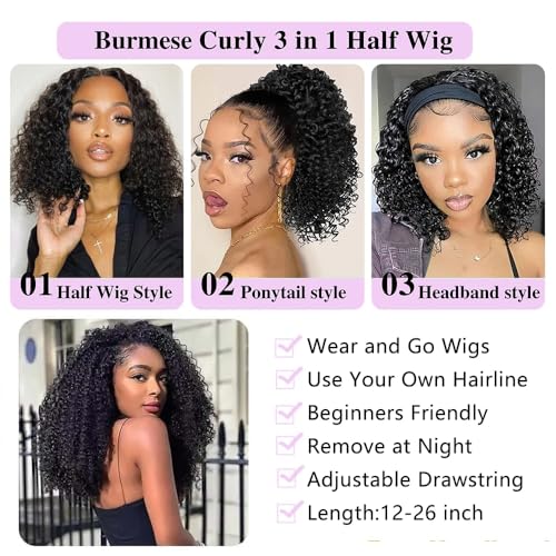 JYZ Half Wig Human Hair 300% Density 3 In 1 Seamless Flip Over Half Wig Invisible Hairline Glueless Wear and Go Beginner Friendly Curly Human Hair Wigs for Women 24 Inch