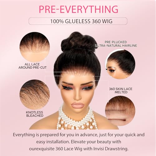 Hidden Strap 360 Lace Front Wigs Human Hair Body Wave 360 Invisiable Strap Glueless Wig with Drawstring Pre-Plucked Natural Hairline Pre-Bleached Knots Pre-Cut 100% Human Hair HD Lace Natural Color