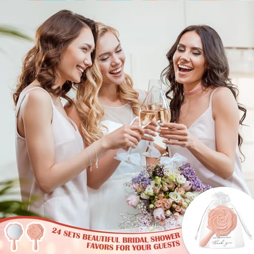 Wenqik 24 Sets Bridal Shower Favors Rose Compact Mirrors Bulk Wedding Favors for Guests Rose Compact Handheld Mirrors with Thank You Cards and Organza Bags Wedding Party Guests Souvenir Gifts (Pink)