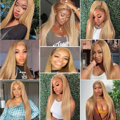 #27 Honey Blonde Bundles Human Hair Straight Bundles 22 24 26 Inch Unprocessed Brazilian Virgin Hair Weave Blonde Human Hair Extensions 3 Bundle 50 Grams Per Bundle For Woman