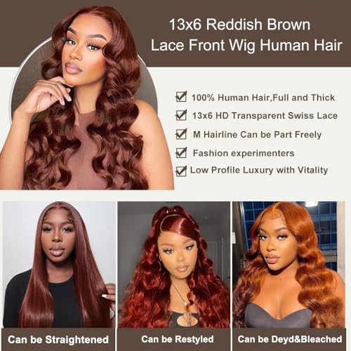 BVH 24 Inch Reddish Brown 13x6 Lace Front Wigs Human Hair Body Wave Wigs Human Hair 200 Density Hd Lace Frontal Wigs M Hairline 33# Brown Wigs (13x6 Reddish Brown Lace Front Wigs Human Hair, 24 Inch)