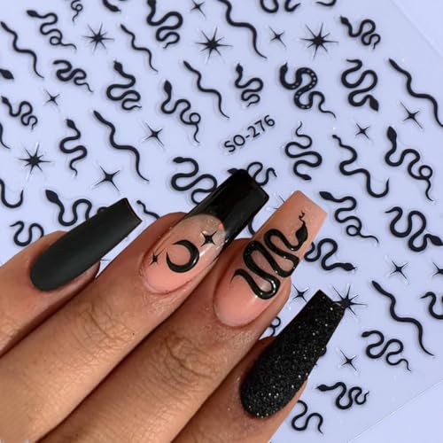 Snake Nail Sticker for Nail Art 3D Self-Adhesive Black Silver Gold Laser Snake Star Nail Decals Stars Designs Nail Art Stickers Charms for Women and Girls Daily DIY Nail Decoration