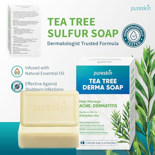 Sulfur & Tea Tree Oil Soap Bar for Seborrheic Dermatitis Acne - Deep Cleanse Bar for Oily, Flaky or Blemish-Prone Skin ? Extra Strength Purifying Formula ? 2 Pack
