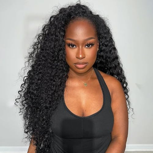 BGM GIRL Half Wig Human Hair Water Wave 3 in 1 Wigs Beginner Friendly Flip Over Drawstring Glueless Wig Ready to Go Seamless Clip in Wigs Natural Black Color 20 Inch