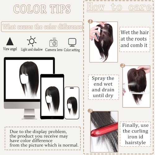 Hair Toppers for Women Real Human Hair,360¡Æ3D Big Basement Cover Topper for Women with Thinning Crown with Wispy Clip in Bangs Realistic Scalp (Dark brown, 3D Wispy Bangs 14INCH)