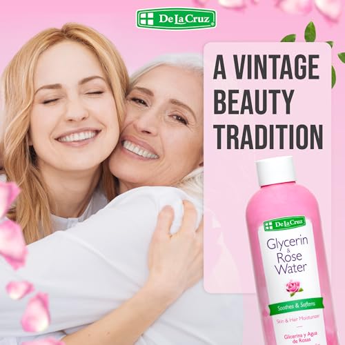 De La Cruz Rose Water and Glycerin for Face - Rosewater Facial Toner and Moisturizer for Skin and Hair 8 fl oz (236 mL) - 2 Bottles