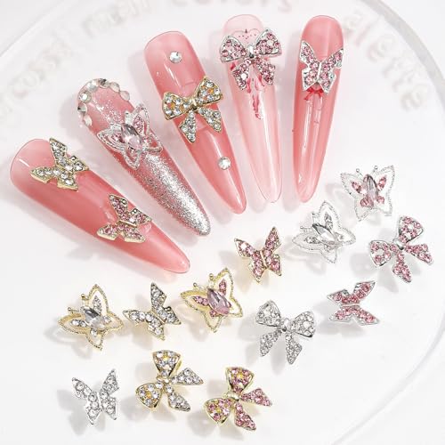 24PCS Nail Charms Y2k Alloy Nail Art Rhinestone Charms 3D Heart Bow Butterfly Charm with Rhinestones Cherry Nail Gems Shiny Jewelry Nail Decorations Accessories Supplies (SG)