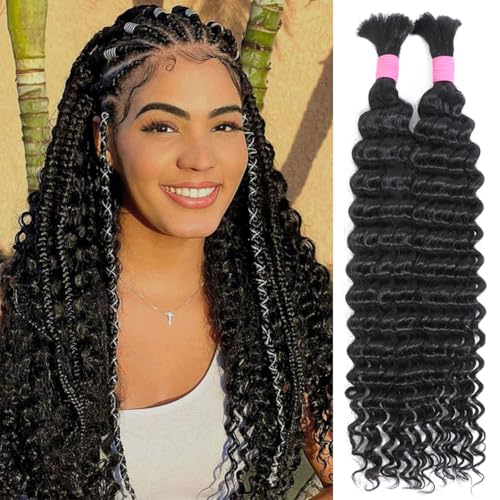 Human Braiding Hair for Boho Braids 20 Inch 2 Bundles 100g Deep Wave Bulk Hair 12A Virgin Curly for Knotless Braids (Natural Color)