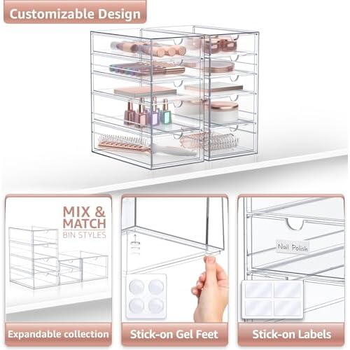 Sorbus Makeup Organizer With 10 Drawers, Acrylic Drawer Organizer for Makeup, Office Organization and Storage, Art Supplies, Jewelry, Stationary - 2 Pcs Clear Stackable Storage Bins Organizer Drawers