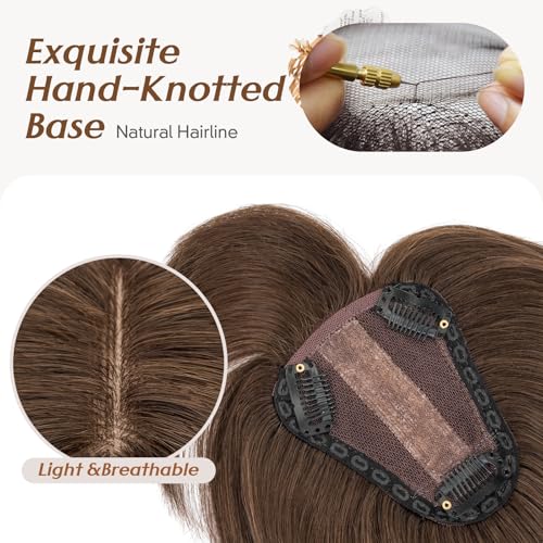 Rich Choices Real Human Hair Toppers for Women 3D Cover Clip in Bangs 100% Remy Human Clip in Silk Base Hair Topper with Bang for Thinning 150% Density 14 Inch #2R Chocolate Brown