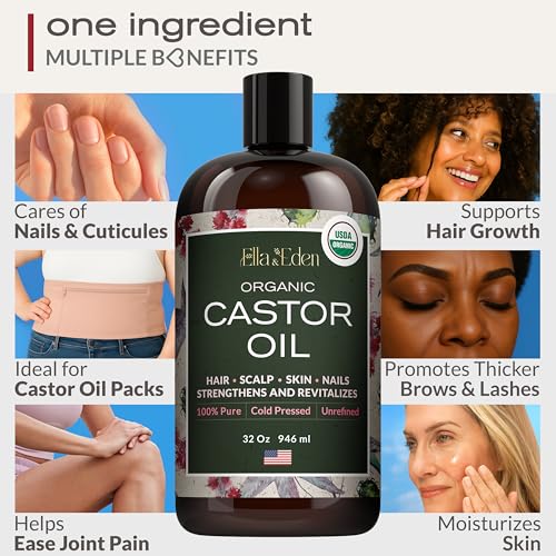 Ella & Eden Organic Castor Oil ? Cold-Pressed Hexane-Free Unrefined - For Hair Growth, Skin and Face - USDA Certified & 100% Pure - 32 fl oz