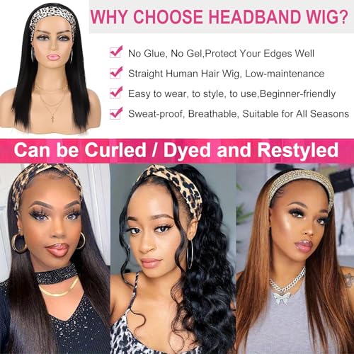 Headband Wig Human Hair Straight 24 Inch None Lace Front Wig Human Hair Glueless Wigs Brazilian Virgin Hair Headband Half Wigs for Black Women 150% Density Natural Color