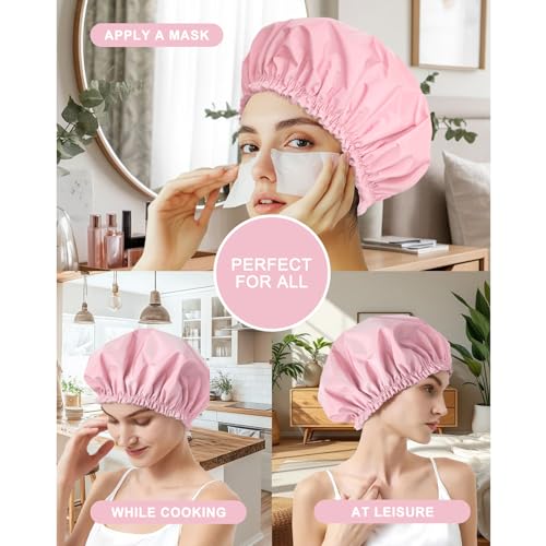 Shower Cap for Women, Double Layer Waterproof Bath Cap, Reusable Hair Protector, Large Waterproof Shower Bonnet Washable Elastic Band Bath Hair Hat for Long Hair, Braids£¬ - Pink