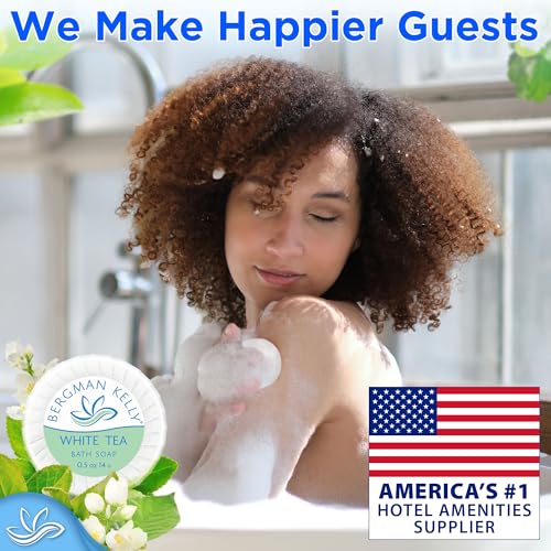 BERGMAN KELLY - Hotel Soap Bars - White Tea, 0.5 oz, 200 PK - Travel Size Luxury Bulk Amenities Bar Soap, Mini Individually Wrapped Round Soap - Small Toiletries for Airbnb, Motel, Guest Bathroom