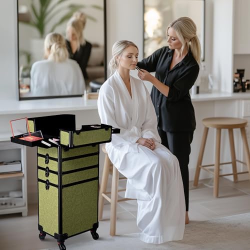BYOOTIQUE 4in1 Cosmetology Cases on Wheels Rolling Makeup Organizer Cart Professional Nail Tech Storage Hairdressing Brush Bags for Nail Artist Beauty Barber Salon Hairstylist,Rococo Moss