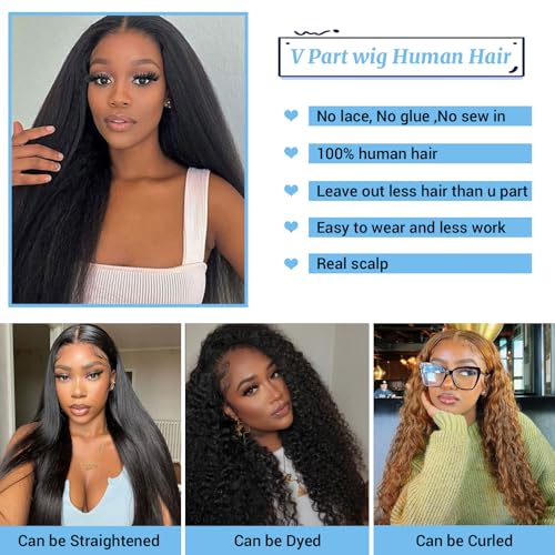 Kinky Straight V Part Wig Human Hair Upgrade Glueless Wigs 100% Real Human Hair U part Half Wigs With Clip in V Part Wig Glueless With Drawstring Kinky Straight Human Hair Beginner Friendly 20 Inch