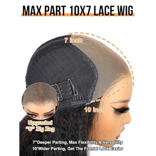 Domiso Pre Max 10x7 Kinky Straight Glueless Wigs Human Hair Lace Pre Cut Knots Bleached Wear and Go Glueless Wigs for Women 22 Inch