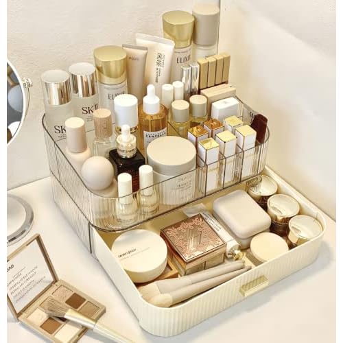 Makeup Organizer with Stackable Drawer, Cosmetic Storage Display Case for Vanity, Bathroom Countertop or Dresser,Counter top Holder for Lipstick, Brushes, Lotions, Eyeshadow, Nail Polish