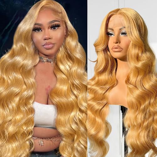 SOSATISFY 30 Inch Honey Blonde Lace Front Wig Human Hair 200% Density 13x4 Body Wave Wig Blonde Hd Lace Front Wig Pre Plucked With Baby Hair 27# Colored Wigs for Women