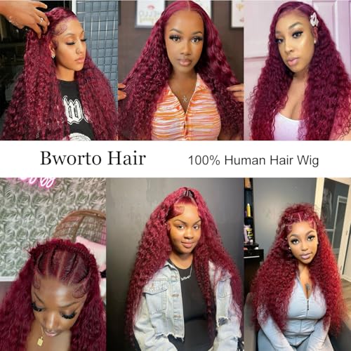 30 Inch Burgundy Wig Human Hair 99j Burgundy 13x6 Deep Wave Lace Front Wigs Human Hair Pre Plucked HD Transparent Lace Frontal Wigs for Black Women Red Colored Wig
