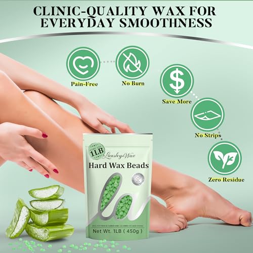 LANSLEYWAX Aloe Hard Wax Beads, 1LB Wax Beans for Sensitive Skin & Full-Body Hair Removal, Brazilian/Bikini/Face/Legs/Eyebrow/Armpit/Chest Waxing Refill at Home for Women & Men, Stripless Formula