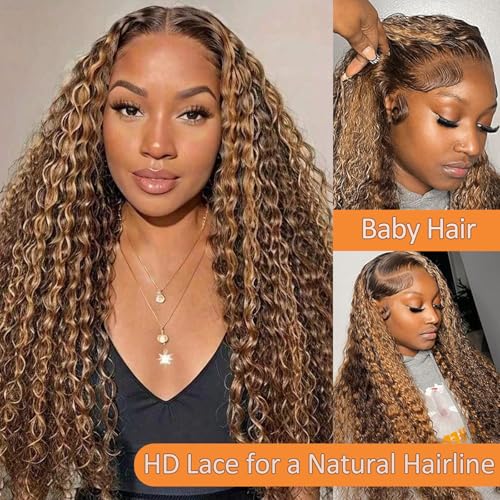 AKUZO 13x6 Ombre Honey Blonde Deep Wave Lace Front Wigs Human Hair Highlight Deep Curly Wig Pre Plucked 200% Density 4/27 HD Transparent Lace Frontal Glueless Wigs for Black Women 26inch