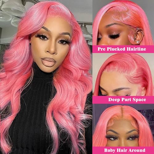 Pink Lace Front Wig - Human Hair, 13x4, 200 Density HD, Transparent Body Wave, 26 Inch