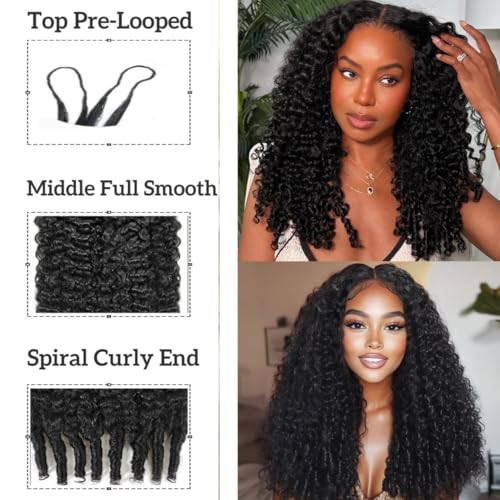 100% Human Hair Knotless Pre-Separated Crochet Hair Extensions with Spiral End Feather Hair Water Curly Feather Line Hair Extensions Natural Color 18Inch 120g