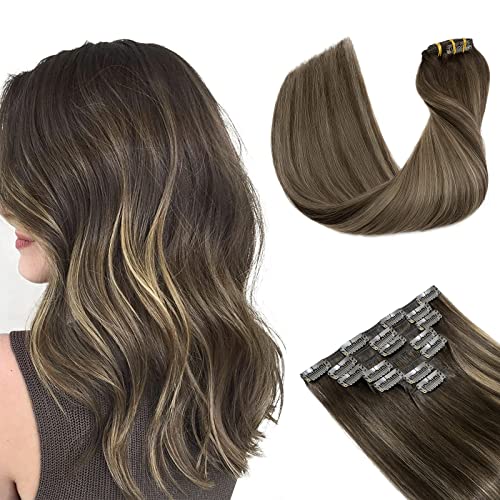 S-noilite Clip in Hair Extensions Real Human Hair 20 Inch Balayage Dark Brown Mixed Chestnut Brown 7pcs 120g Double Weft Thick Silky Seamless Remy Clip in Hair Extensions-#(T2/6)/2