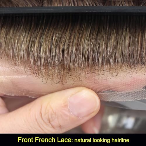 blazingfire French Lace Front Hair Toupee for Men with 0.08mm Single Knot Thin PU Skin Mens Human Hair Pieces Replacement System 8x10 Inches Lightest Brown Color 7