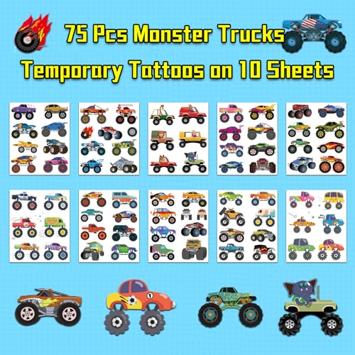 Monster Trucks Temporary Tattoo for Kids, 10 Sheets Monster Truck Fake Tattoos for Boys Party Favors, Goodie Bags Stuffers, Brithday Supplies Decorations