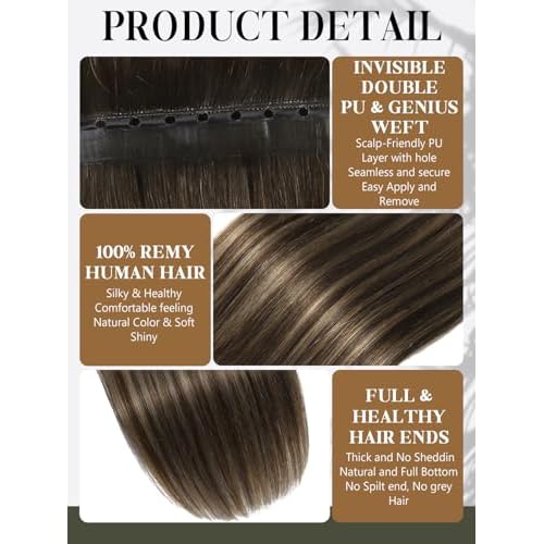 LOXXY Butterfly Double Weft Human Hair Extensions - 100% Remy Invisible Genius OVO PU Weft Extensions - Darkest Brown to Chestnut Brown Highlights, 20 Inch 100g, Width 31.5"(80cm)