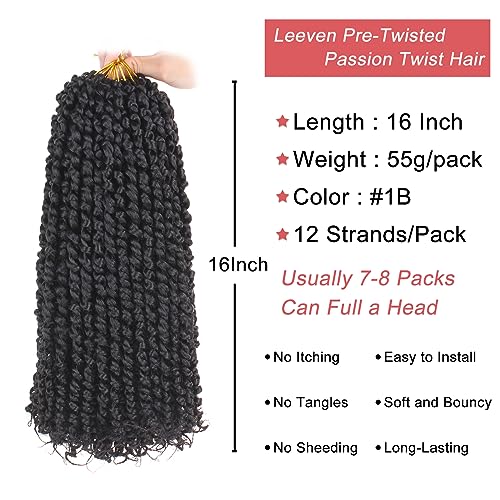 Leeven 8 Packs Passion Twist Crochet Hair 16 Inch Natural Black Bomb Pre Twisted Water Wave Crochet Braids Pre Looped Curly Bohemian Synthetic Braiding Hair Extensions for Women #1B