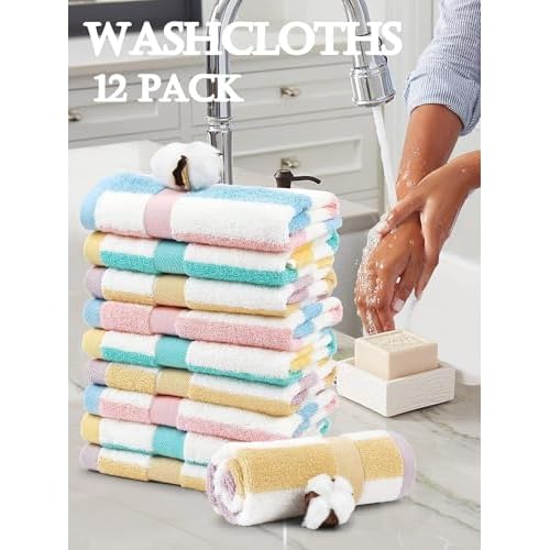 Jacquotha Cotton 12 Pack Striped Washcloths, 13 x 13 Inches, 3 Colors - Face and Body Cleansing Towels