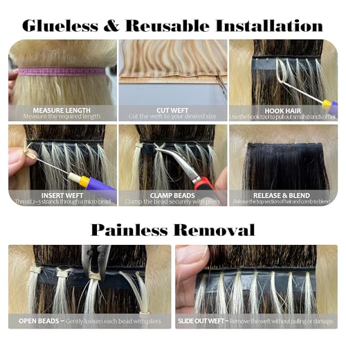Butterfly Weft Hair Extensions Human Hair-Invisible Double Layered with Hole Hand Tied Genius Weft PU Seamless Micro Beads Real Remy Hair Ombre Blonde Balayage 100g #4/27/4 16 Inch